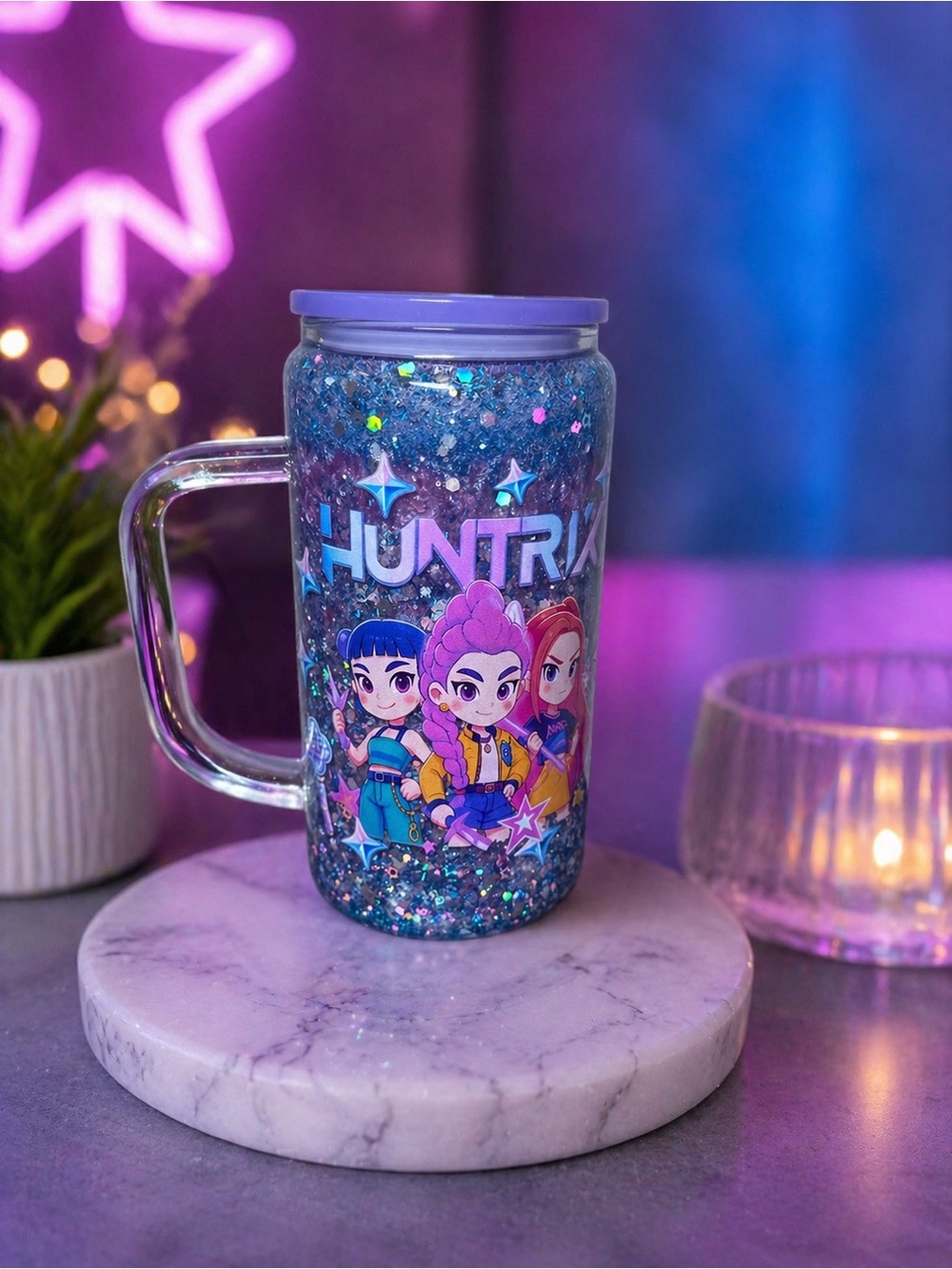 Glitter Blue Purple Character Travel Mug with Handle